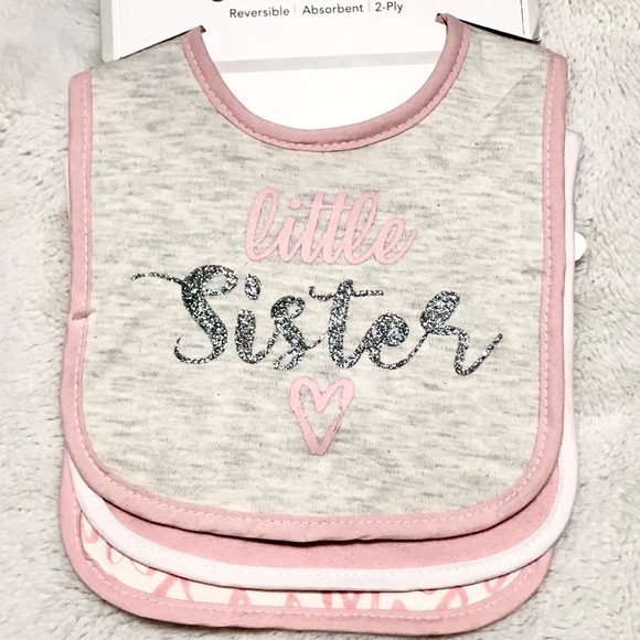 🆕3pk Baby Glitter LlTTLE SISTER Reversible Bibs - Picture 2 of 6